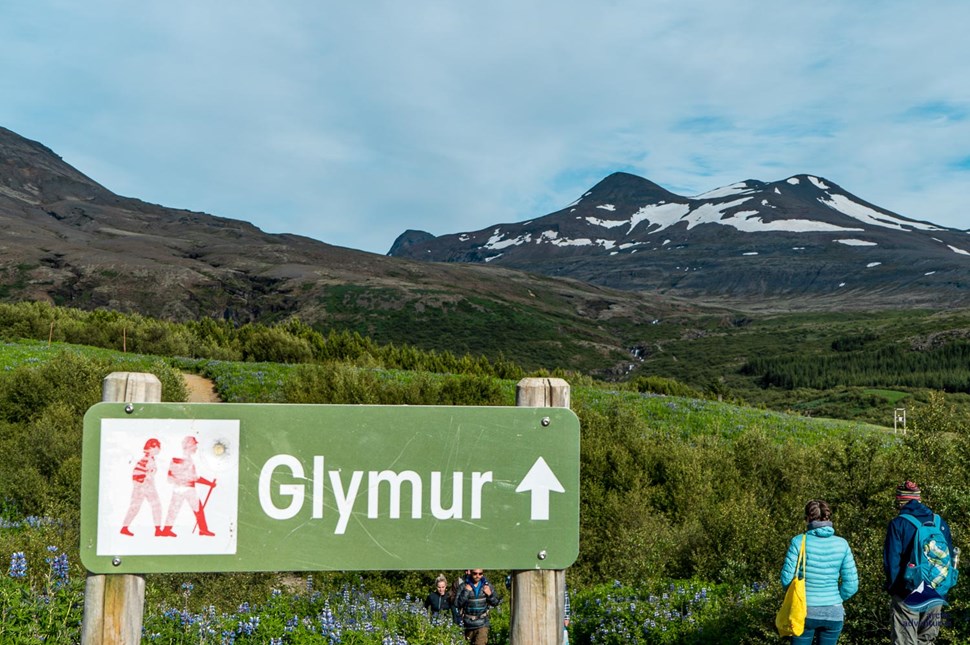 hiking path sign to Glymur Waterfall
