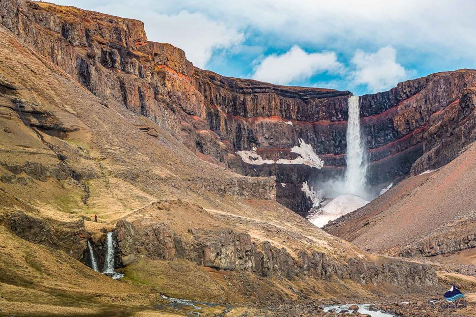 Distance view to Hengifoss Waterfall in Iceland