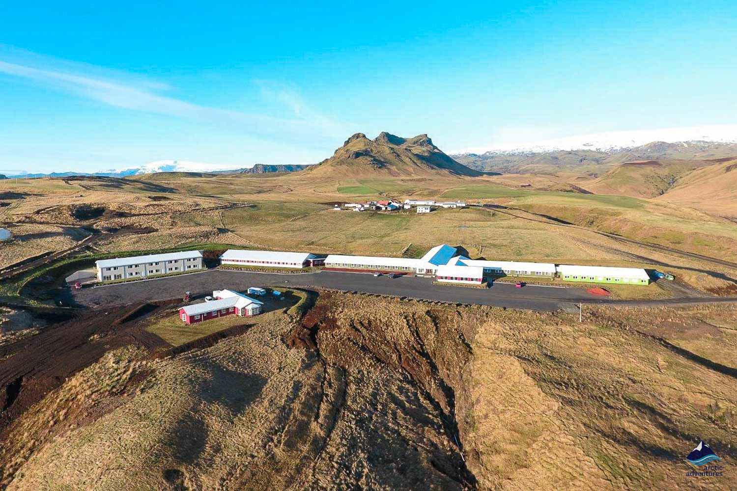view from above of Hotel Dyrholaey in Iceland