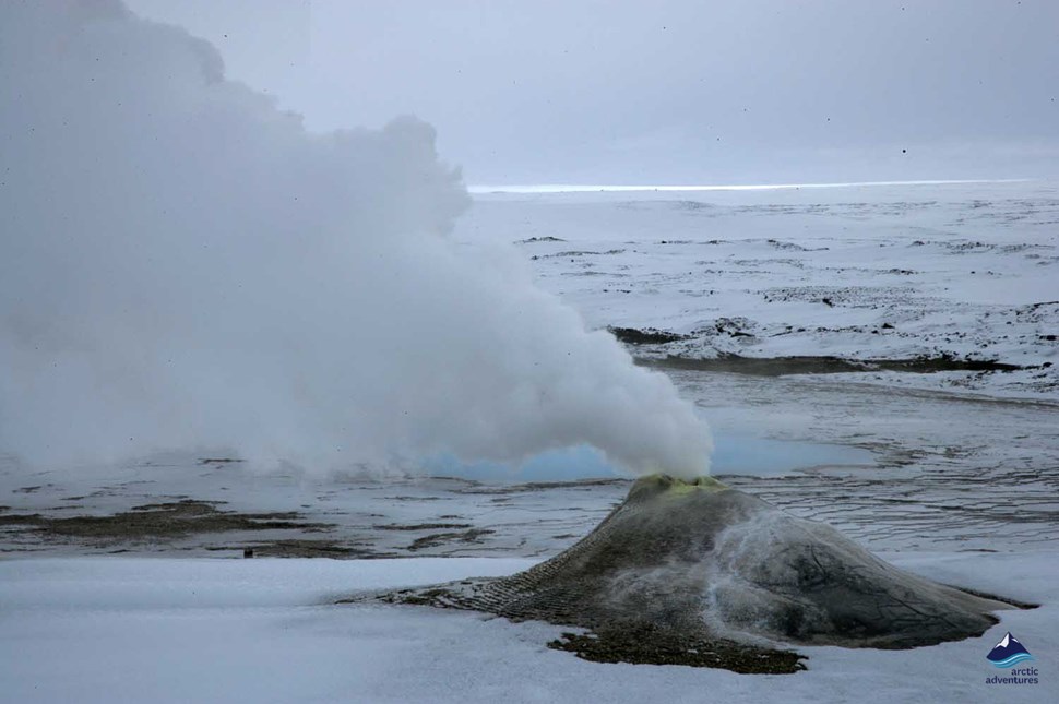 Hveravellir nature reserve steam in winter