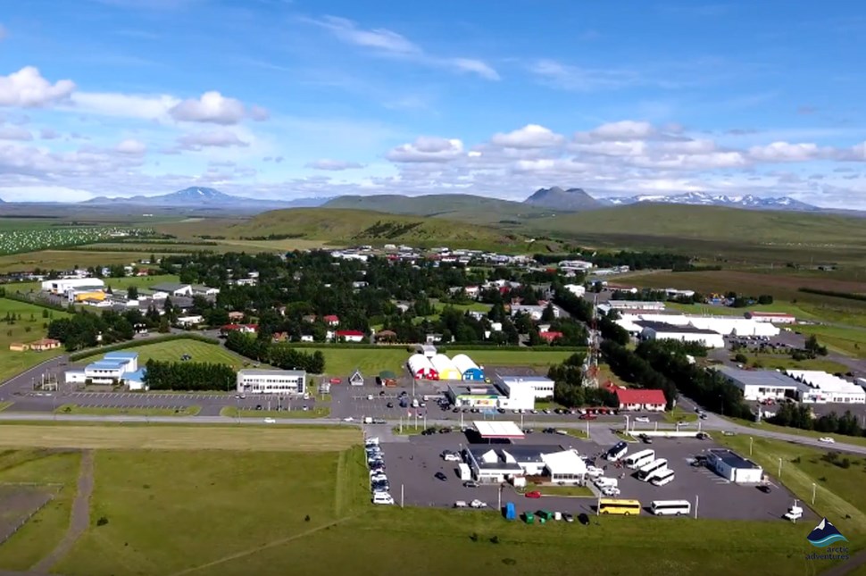 Aerial view of Hvolsvollur town in Iceland