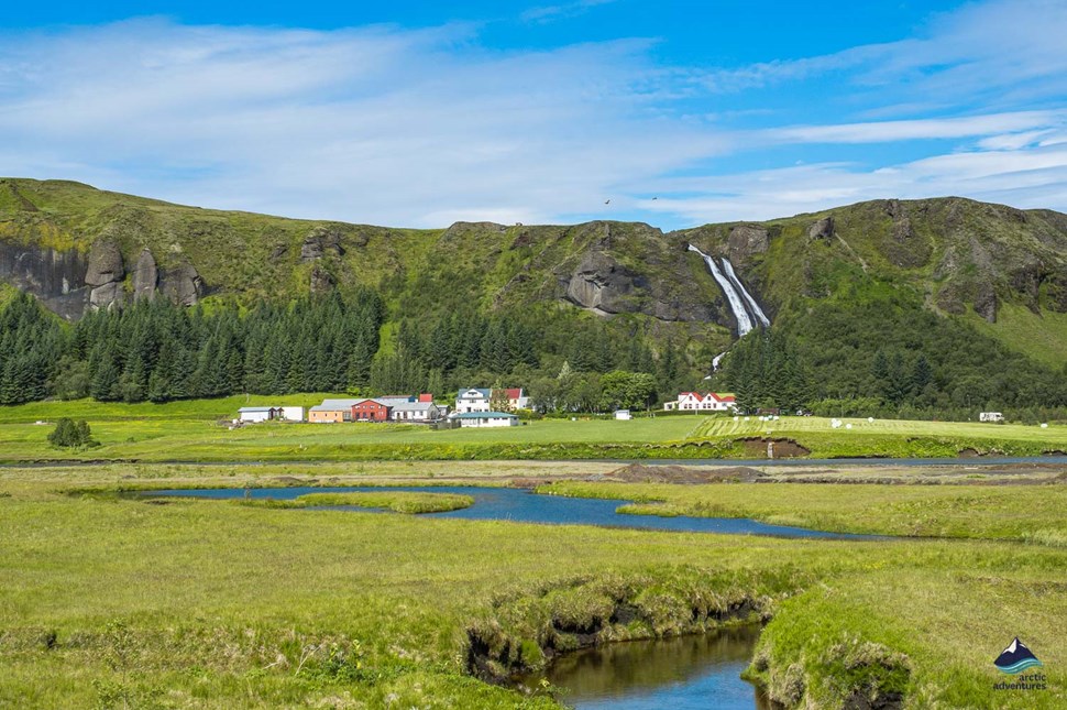 Kirkjubæjarklaustur waterfall distance view in summer