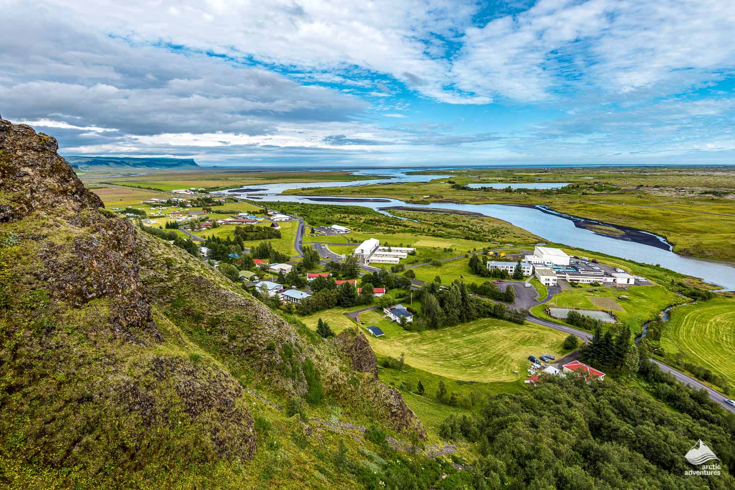 Aerial view of Kirkjubæjarklaustur village in Iceland