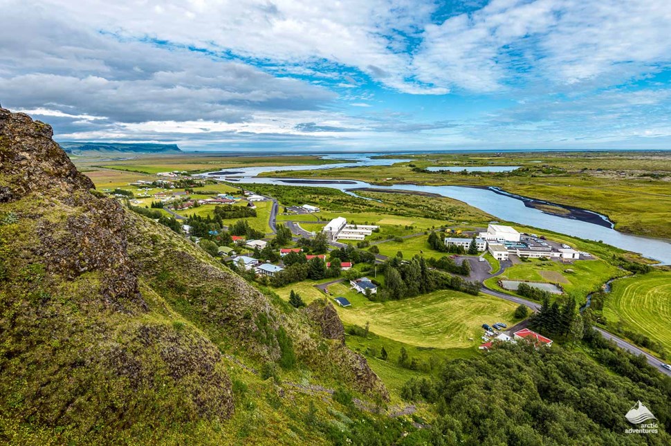 Aerial view of Kirkjubæjarklaustur village in Iceland