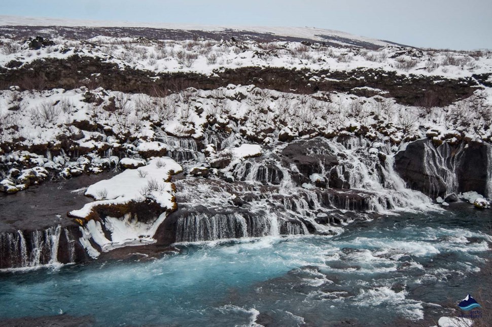 Hraunfossar Waterfall in winter time