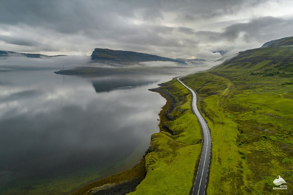Aerial view of Hvalfjordur Road in Iceland