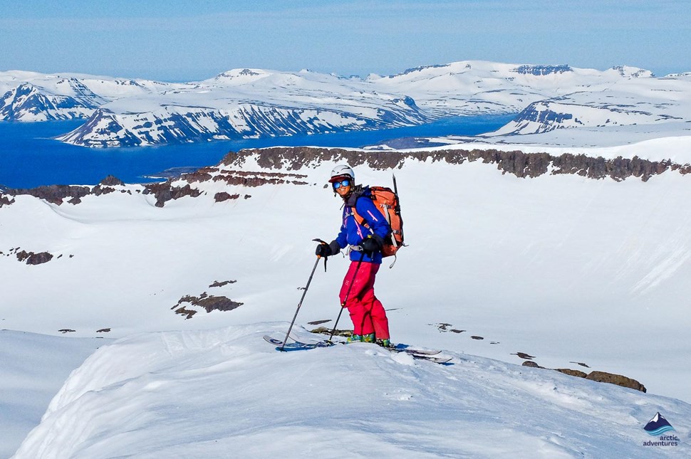 Man skiing in Westfjords of Iceland