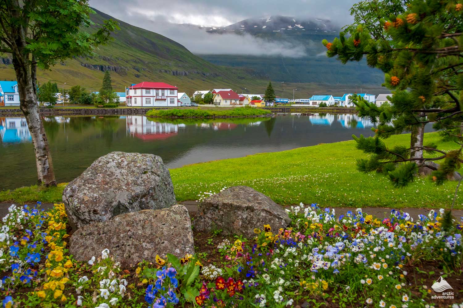 Seydisfjordur village view in summer from distance