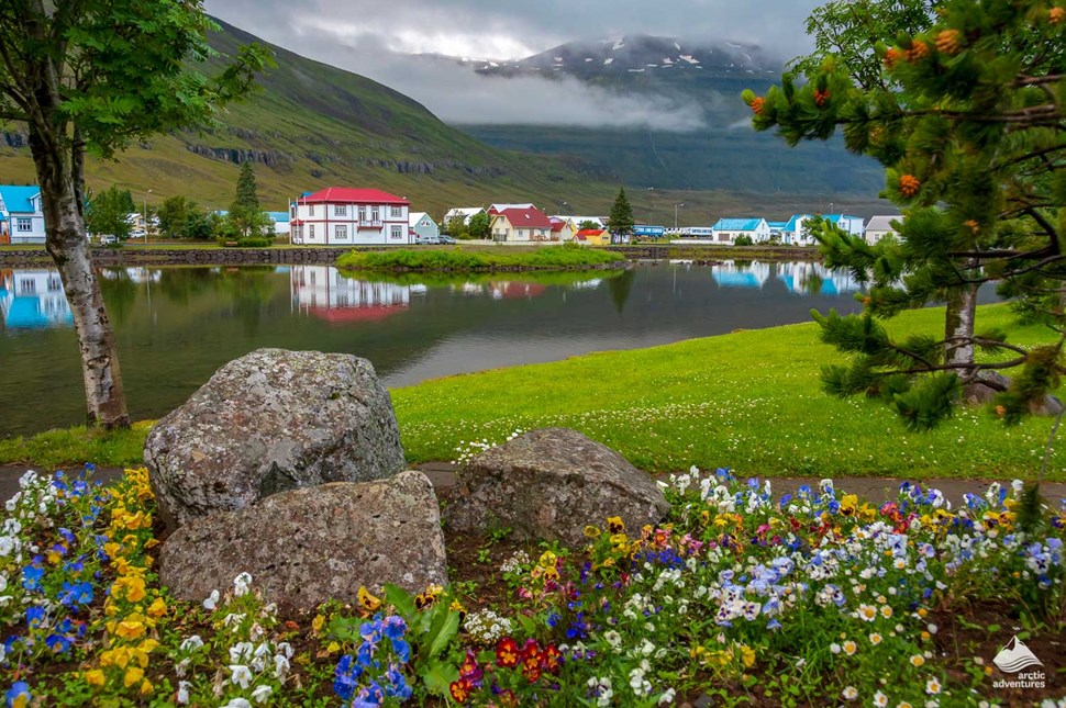 Seydisfjordur village view in summer from distance