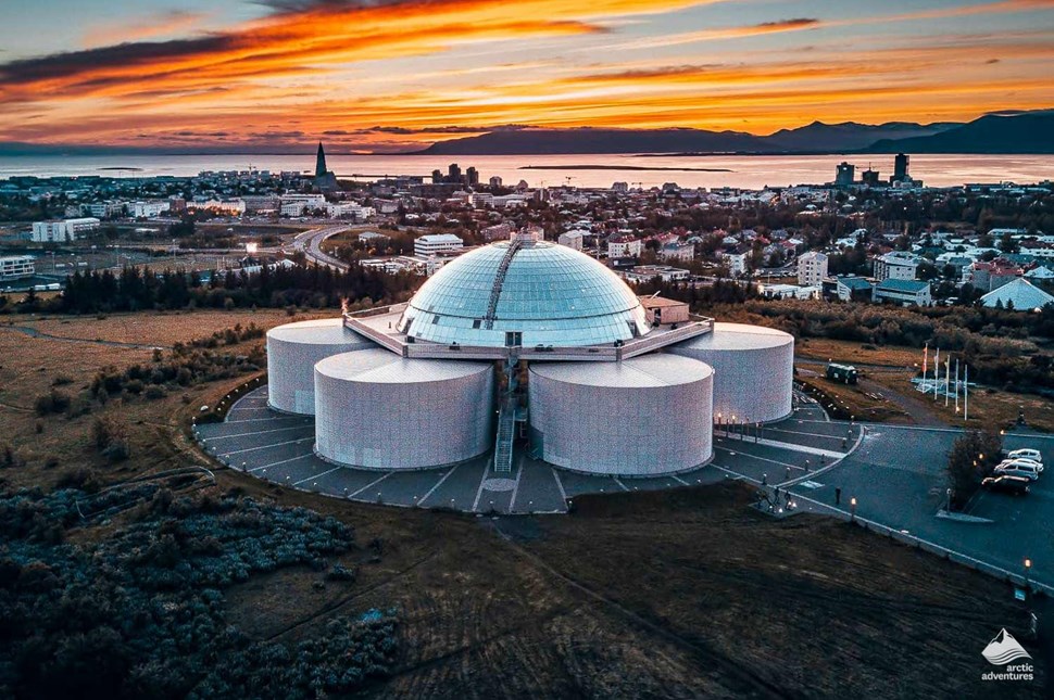 Aerial view of Perlan museum building in Reykjavik