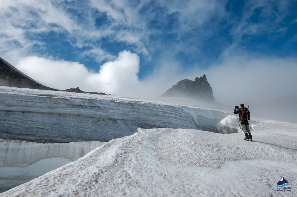 Man hiking on Snaefellsjokull Glacier