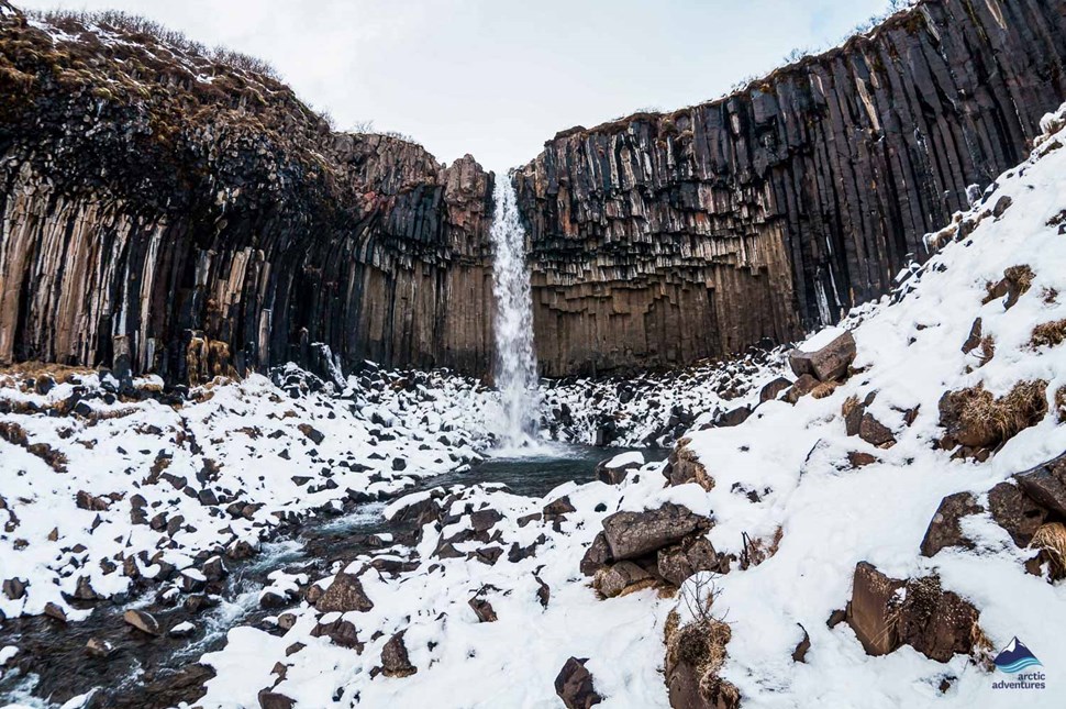 Svartifoss Waterfall in winter time