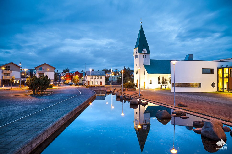 Hafnarfjordur Church reflects on water surface