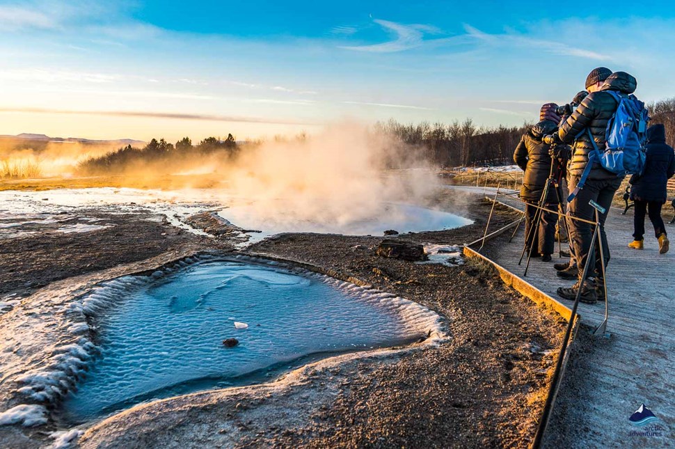 Geysir geyser in Iceland's golden circle at sunrise