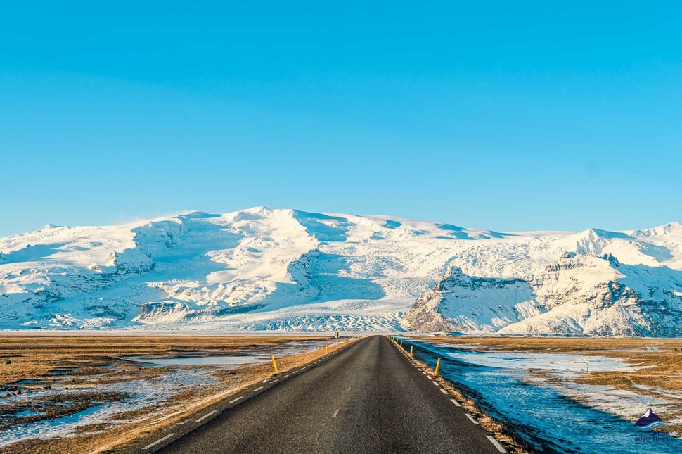 road with Vatnajokull Glacier view