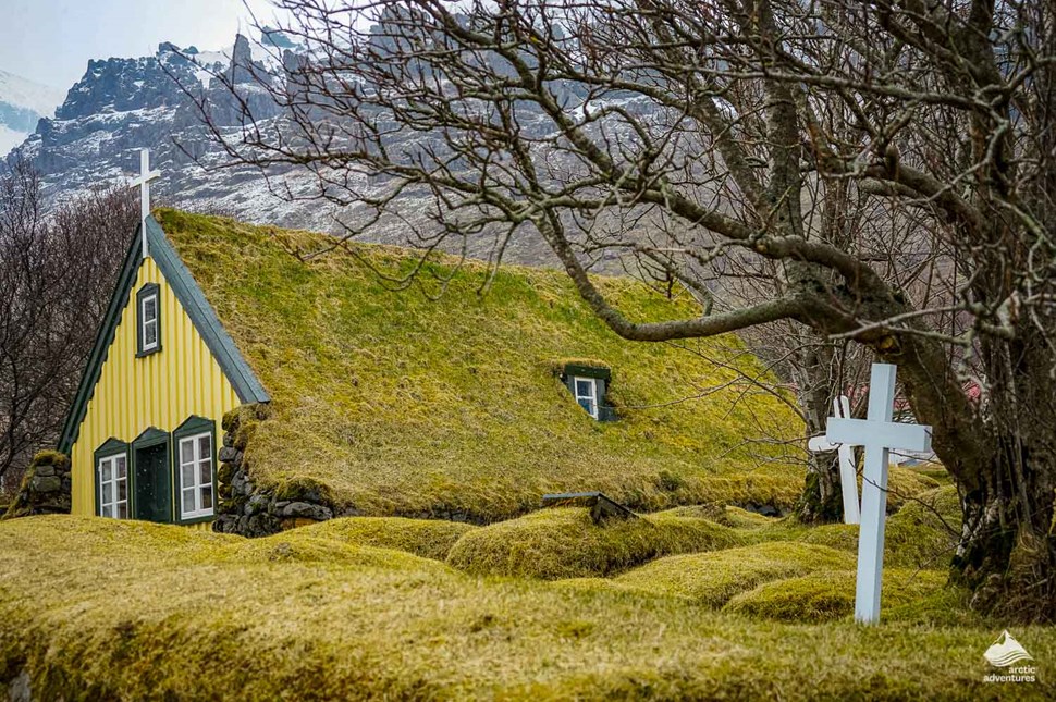 turf Hofskirkja church in Iceland