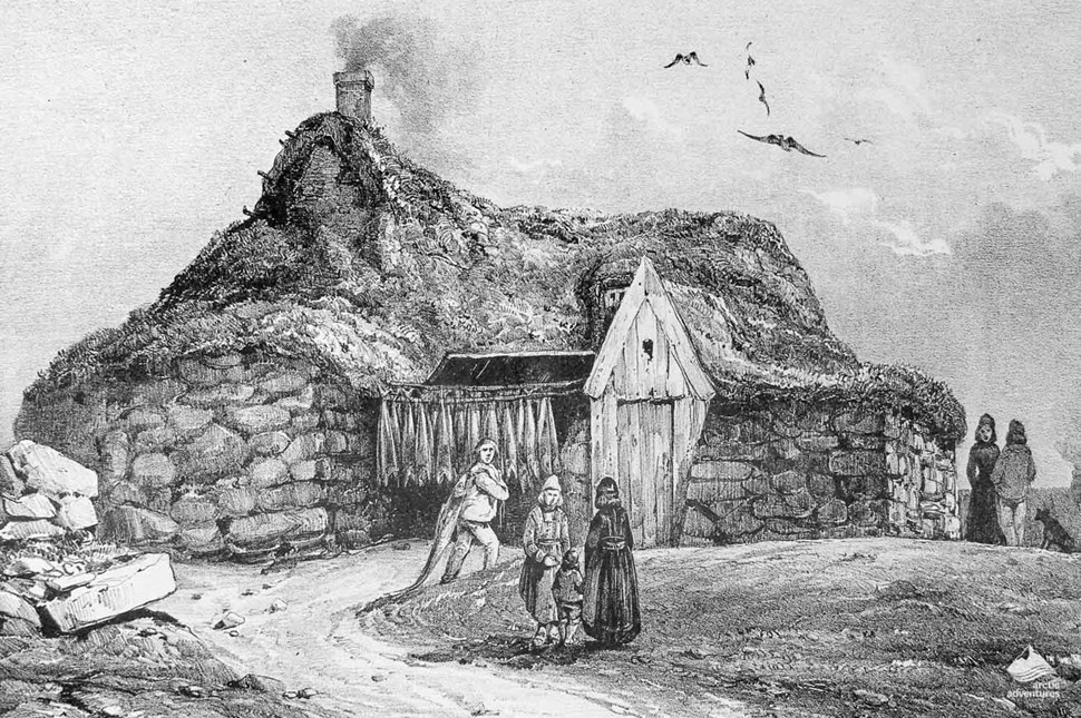 black and white illustration of Icelandic turf house