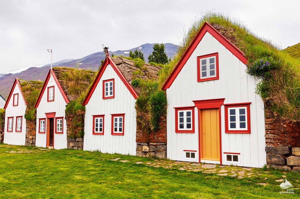 white and red grass roof houses in Laufas