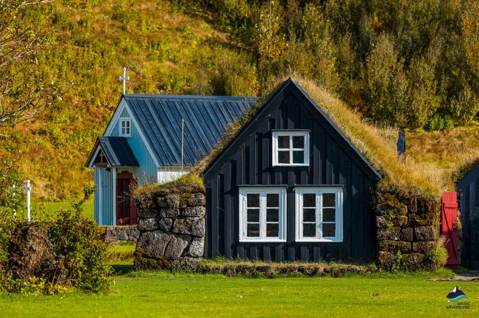 turf houses at Skogar Folk Museum in Iceland