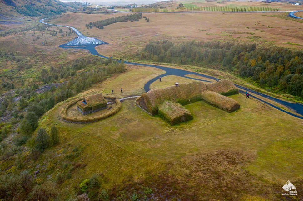  aerial view of Tjodveldisbaerinn turf roofed houses