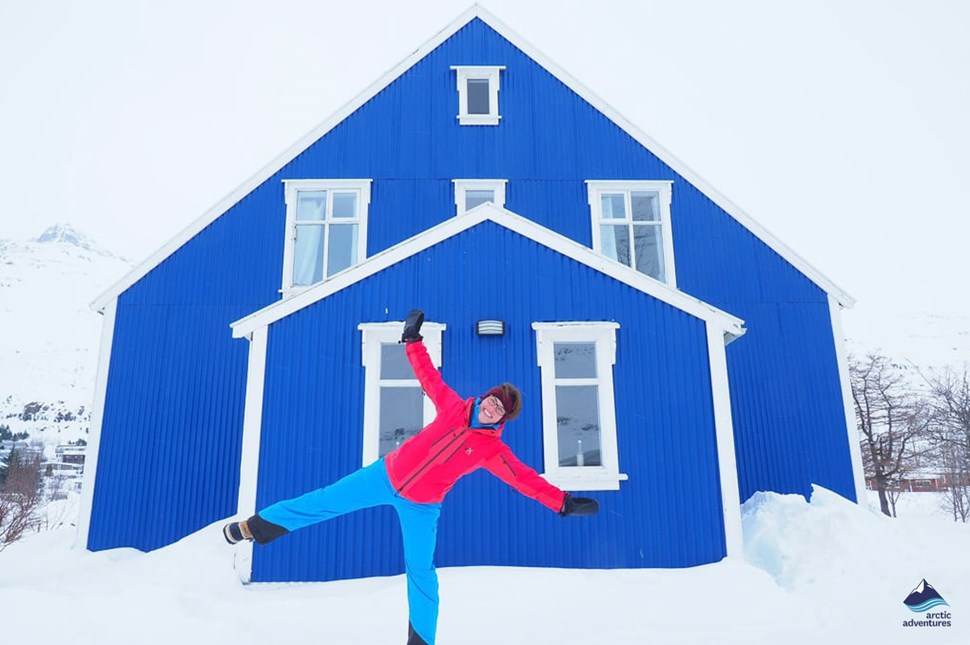 blue house in north iceland Akureyri city