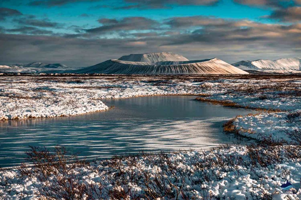 view from distance of Hverfjall Volcano