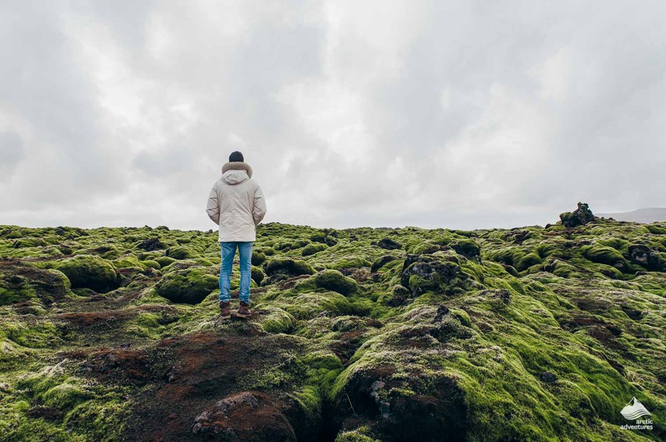 man standing on rocks of Eldhraun Lava Field