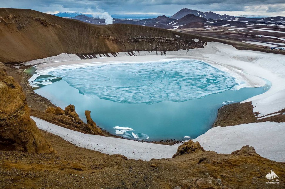 lake of Krafla volcano lava field in winter