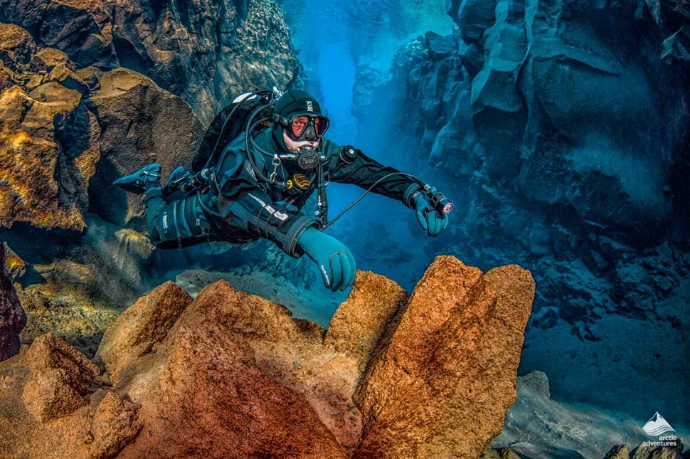 man diving at Silfra fissure in Iceland