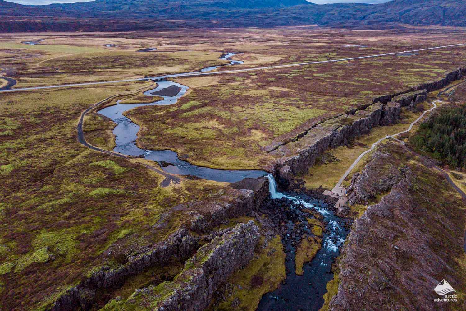 view of Oxararfoss Waterfall from above
