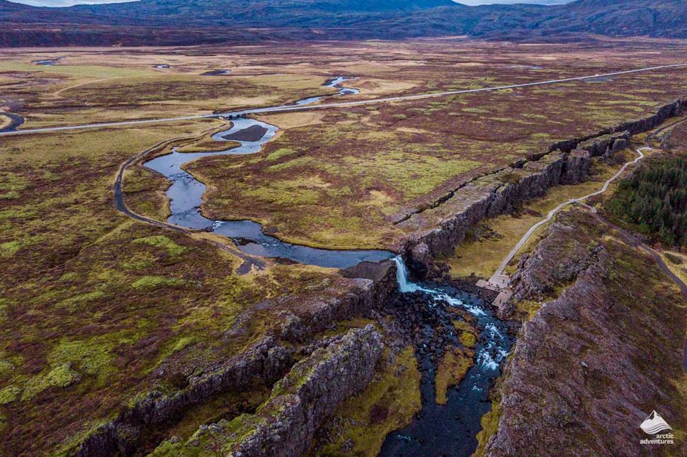 view of Oxararfoss Waterfall from above