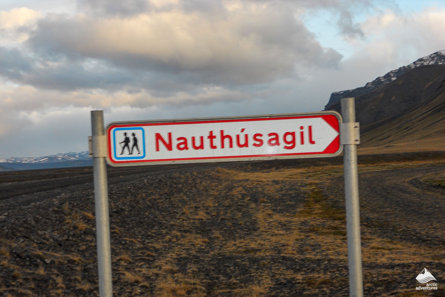 Nauthusagil Waterfall Sign