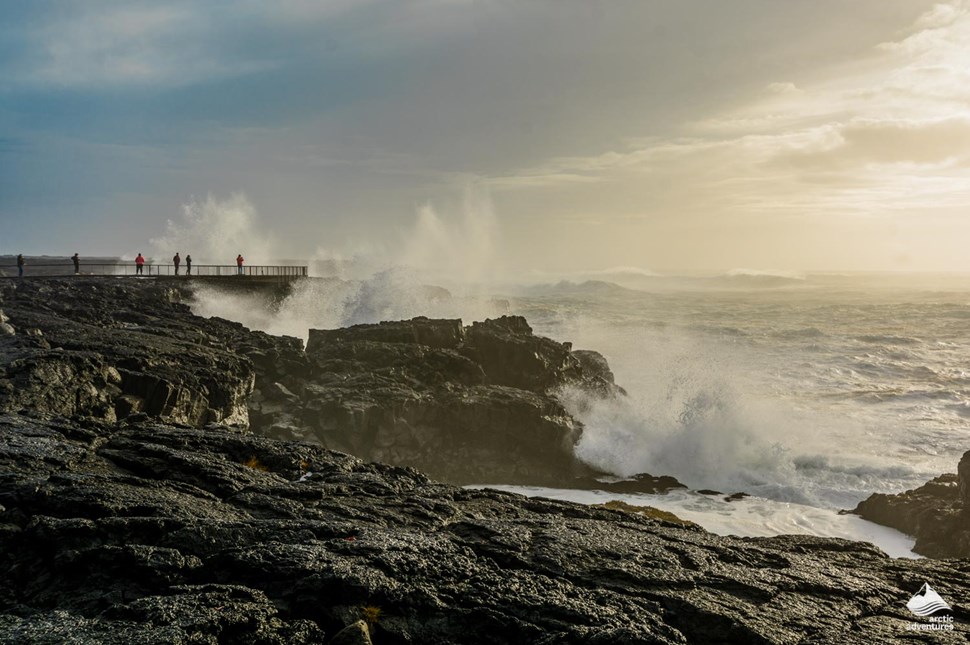 Sea water breaking on Brimketill rocks in Iceland