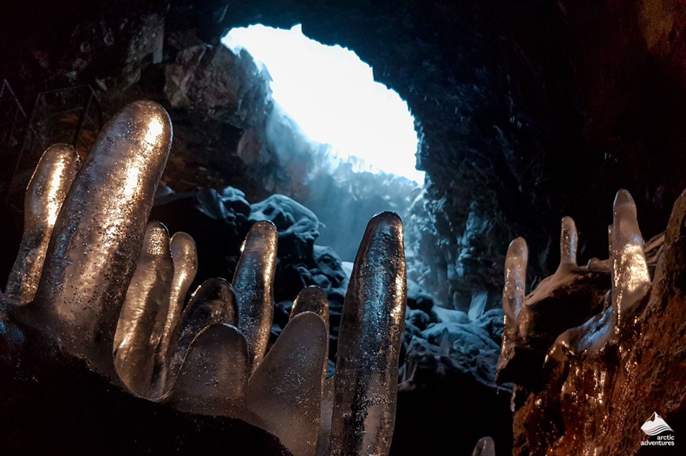 Ice stalagmites inside Raufarholshellir Lava Tunnel 