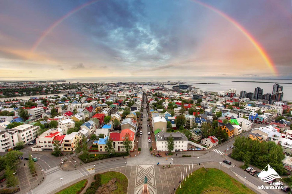 Panoramic Reykjavik City with  Rainbow