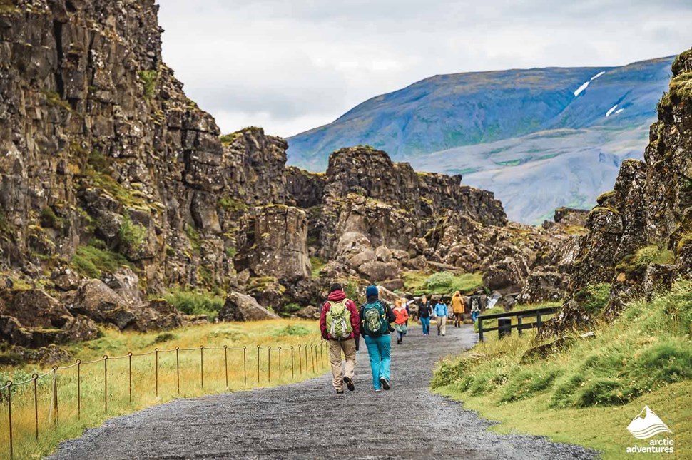 Walking People in Thingvellir National Park in Iceland