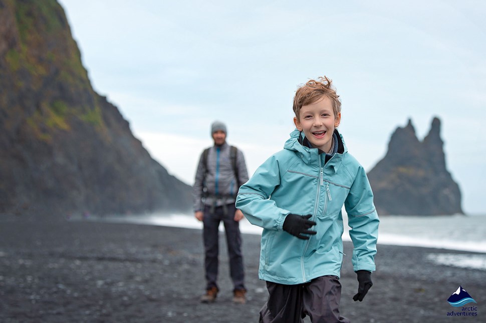 Children Running Reynisfjara Black Sand Beach Family in Iceland