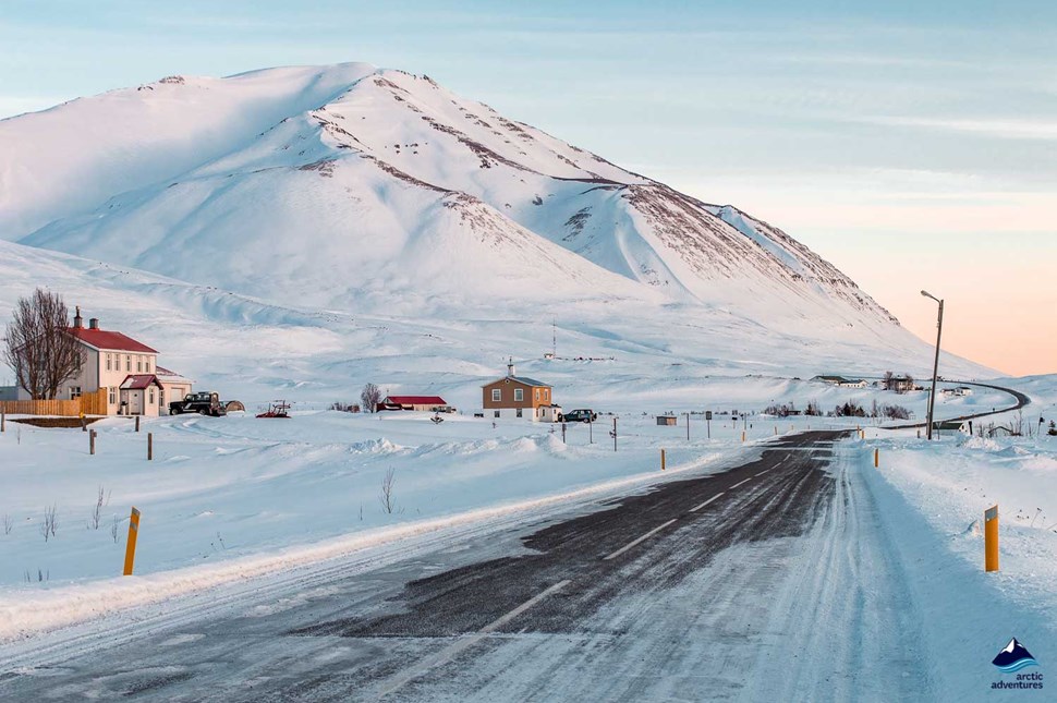 Dalvik Road Winter Snow Mountain in Iceland