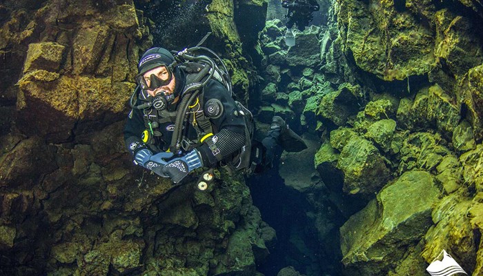man Diving in Thingvellir National Park