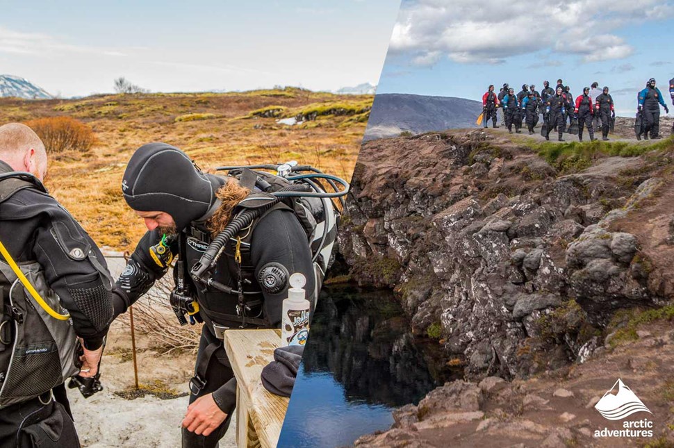 people getting ready before diving in Iceland
