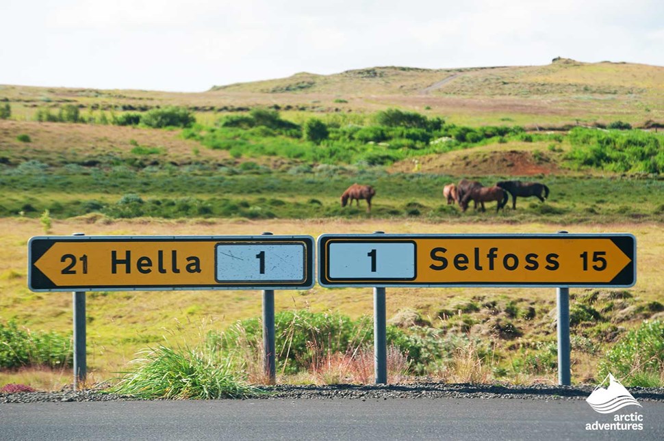 Hella and Selfoss Sign Road in Iceland