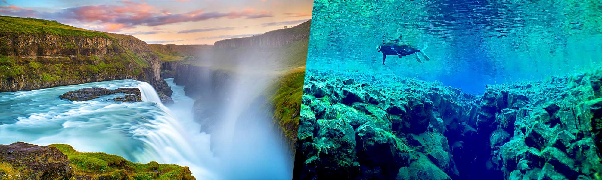 collage of waterfall and snorkeling in Iceland