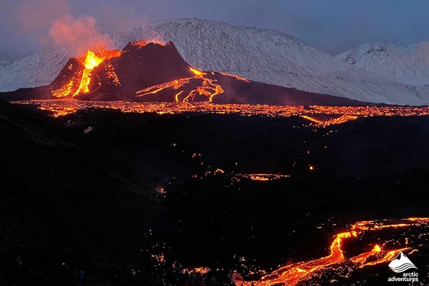 erupted Fagradalsfjall Volcano at night