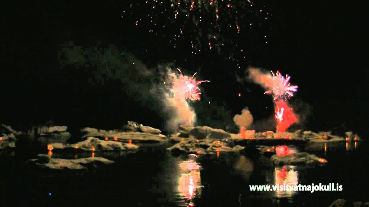 The Fireworks show at Jokulsarlon glacier lagoon in the Vatnajokull Region in Iceland