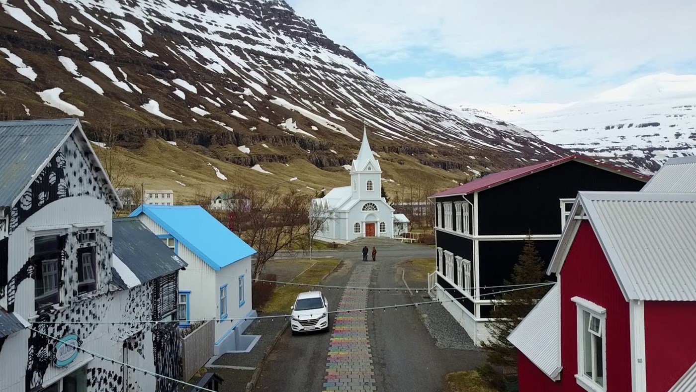 The beautiful town Seydisfjordur in late April, East Iceland.