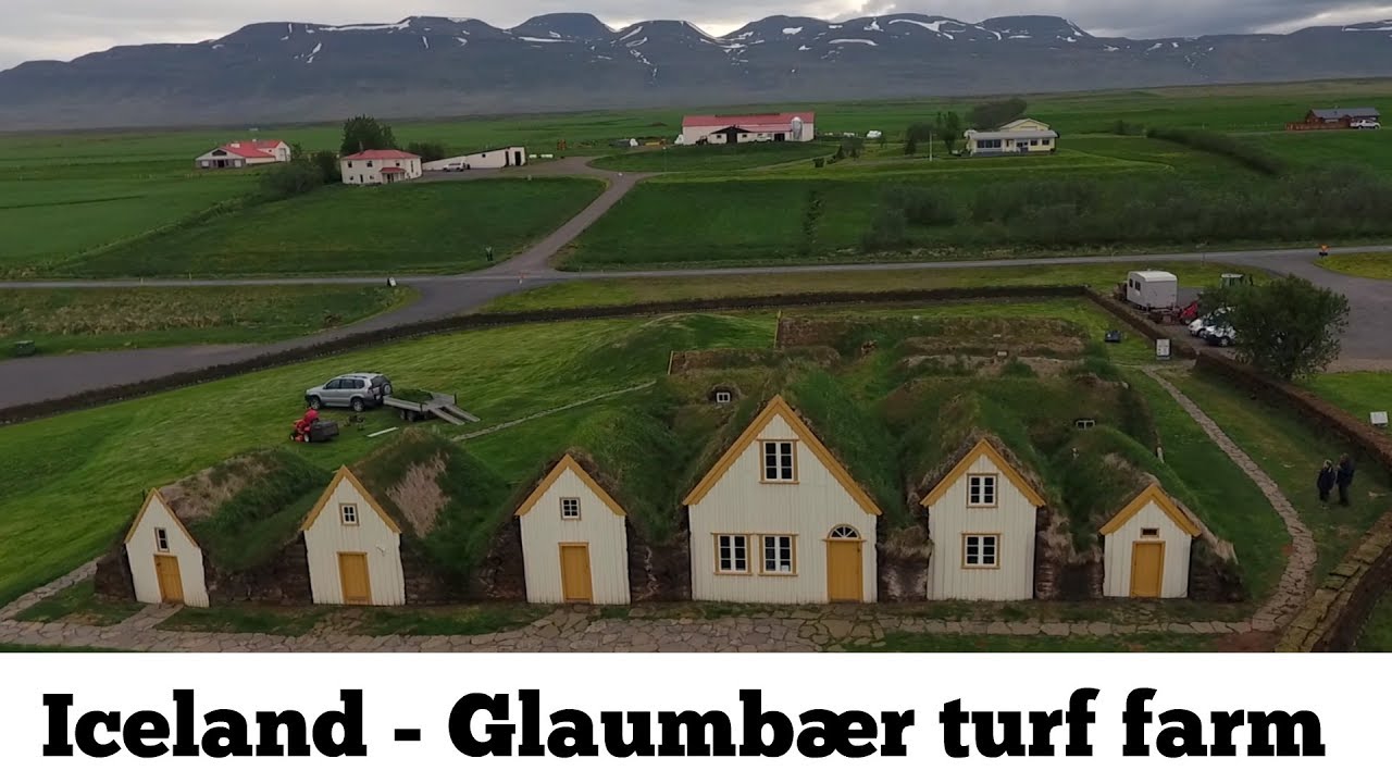 Glaumbær turf farm in Iceland open-air museum - aerial drone video