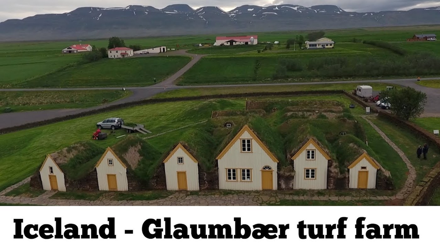 Glaumbær turf farm in Iceland open-air museum - aerial drone video