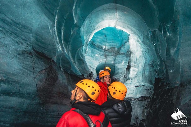 group exploring Katla ice cave in Iceland