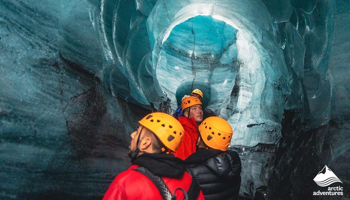 group exploring Katla ice cave in Iceland