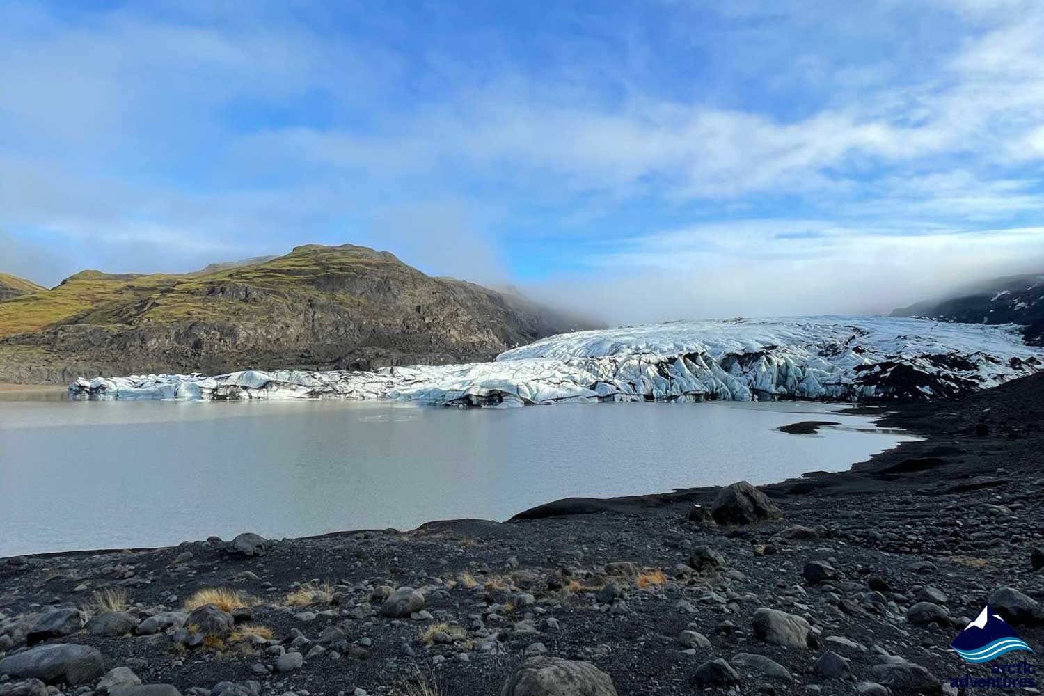 View of Solheimajokull glacier in Iceland from distance
